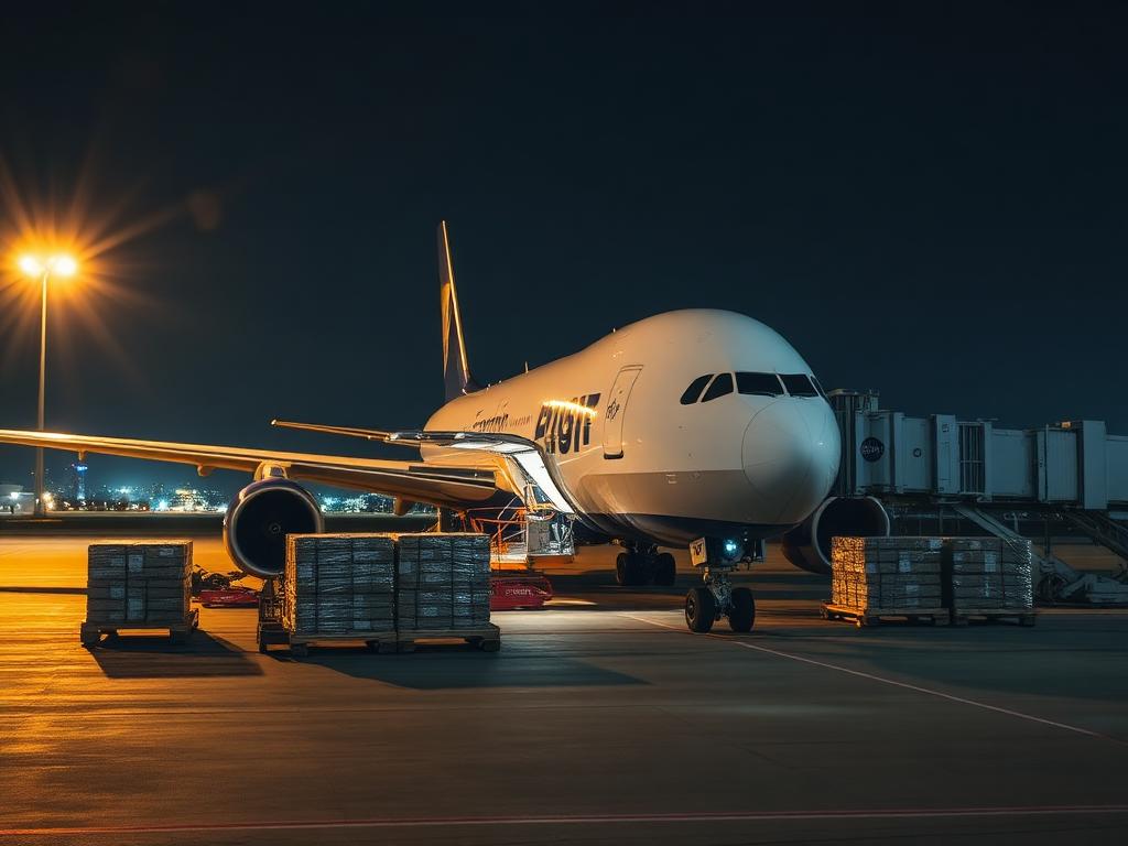 Cargo aircraft being loaded with freight pallets at night