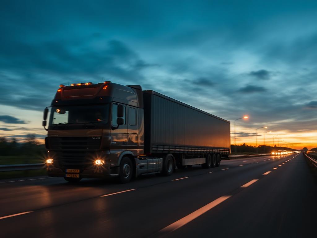 Articulated freight lorry travelling on a motorway at dusk