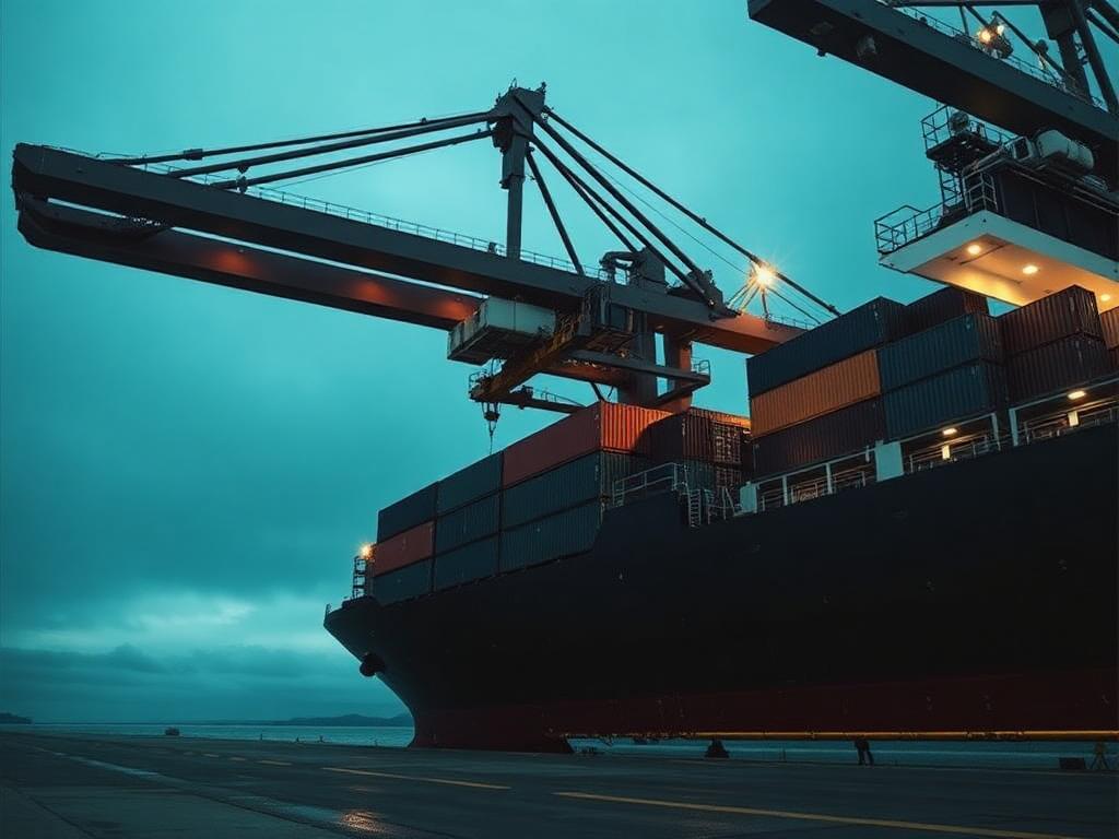 Port crane loading containers onto a cargo ship